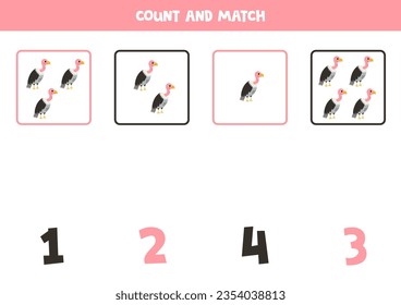 Counting game for kids. Count all vultures and match with numbers. Worksheet for children.