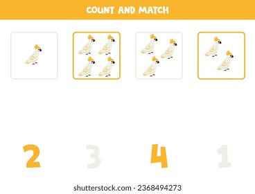 Counting game for kids. Count all cockatoo birds and match with numbers. Worksheet for children.