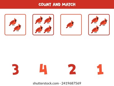 Juego de conteo para niños. Cuenta todas las aves cardinales rojas y concuerda con los números. Hoja de trabajo para niños.