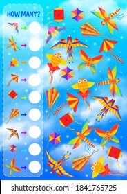 Counting game for kids education vector template with kites flying in blue sky. Math puzzle, find and count how many kites in shape of fish, bird, butterfly and dragonfly, moth, diamond and umbrella