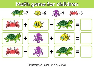 Juego de conteo para niños. Tareas educativas matemáticas para la adición y la substracción. Contar y escribir el resultado. Hoja de trabajo para niños en edad preescolar y escolar. Caricatura de lindos animales marinos. Ilustración vectorial.