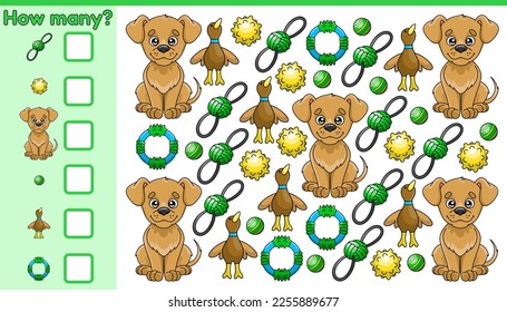 Juego de conteo para niños. Juego de matemáticas educativas: cuántos objetos. Contar y escribir el resultado. Hoja de trabajo para niños en edad preescolar y escolar. Perros de dibujos animados y accesorios para mascotas. Ilustraciones de vector personalizadas.