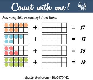 Counting game for kids. Educational a mathematical game. Count how many dots are missing and draw the result