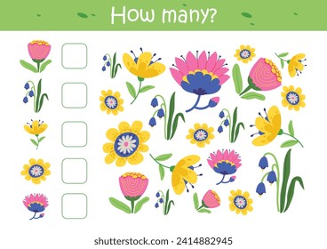 Counting game for kids. Educational a mathematical game. Count how many flowers. Flat vector illustration.
