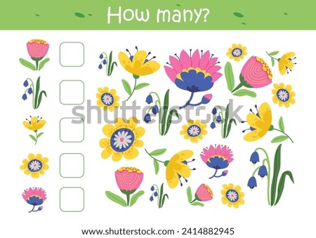 Counting game for kids. Educational a mathematical game. Count how many flowers. Flat vector illustration.
