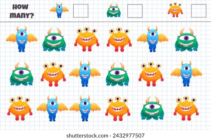 Counting game for kids with funny colorful monsters. Vector illustration