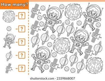 Juego de conteo para niños. Cuántos objetos espaciales. Juego de matemáticas para niños. Cuenta y color. Astronautas, satélites, Suns y planetas de niñas de dibujos animados. contorno vectorial en blanco y negro. Página del libro de colorear.