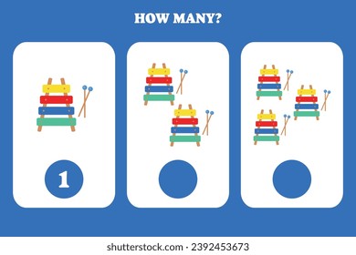 Counting game for kids. How many xylophone are there? Educational worksheet design for children.