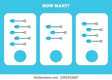 Counting game for kids. How many shovel are there? Educational worksheet design for children.