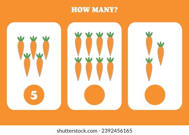 Counting game for kids. How many carrot are there? Educational worksheet design for children.
