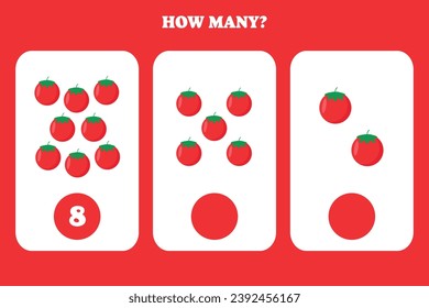 Counting game for kids. How many tomato are there? Educational worksheet design for children.