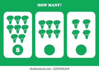 Counting game for kids. How many broccoli are there? Educational worksheet design for children.