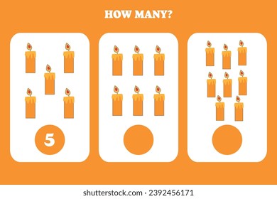 Counting game for kids. How many candle are there? Educational worksheet design for children.