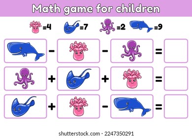 Counting game for kids. Math exercises for the study of numbers. Addition and subtraction. Worksheet for preschool and school children. Cartoon cute sea animals. Vector illustration.