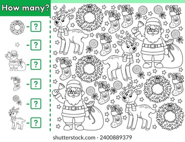 Counting game for kids. Math game. How many Christmas objects. Count the Santa Claus, Xmas wreaths, reindeer, New Year socks. Educational worksheet for children. Vector outline. Perfect for coloring.