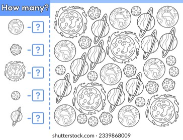 Zählspiel für Kinder. Mathe-Spiel zum Thema Weltraum für Kinder. Wie viele Planeten des Sonnensystems. Zählen Sie Cartoons Planeten Erde, Mond, Uranus, Merkur und Sterne Sonne. Vektorgrafik. Seite des Farbbuchs.