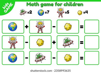 Counting game for kids with space objects. Math exercises for the study of numbers. Worksheet for preschool and school education children. Cartoon astronaut, alien, planet Earth and Moon. Vector.