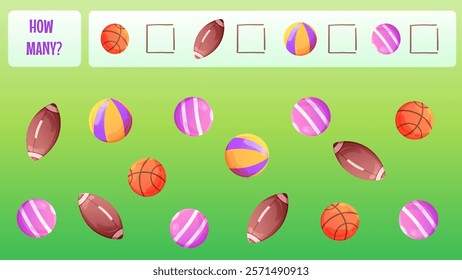 Counting game for kids with sport balls on green field background