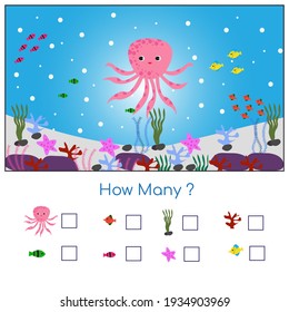Counting game for kids Under Sea World. How many donuts Illustration Vector
