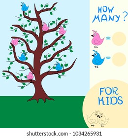Counting game for kids.Educational math game.Count blue and pink birds.
