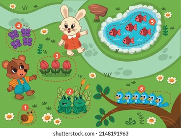 Counting game for kindergarten children with colorful animal characters. Vector illustration.