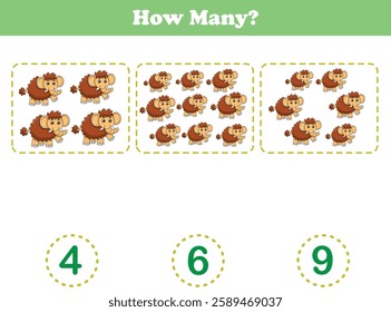 Counting game of mammoth for preschool kids. Printable. Vector Illustration