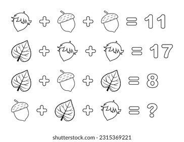 Zählspiel. Mathe Educational Kids Spiel. Erzieherisches Kinderspiel, druckbares Arbeitsblatt, Vektorgrafik.  Druckfähige Mathematik für Grad 2. Färben der Buchseite. 