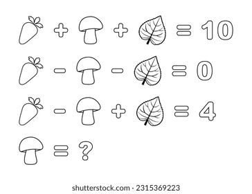 Counting game. Math  Educational Kids game. Educational children game, printable worksheet, vector illustration.  Printable math activity for grade 2. Coloring Book Page. 