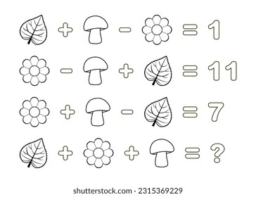 Counting game. Math  Educational Kids game. Educational children game, printable worksheet, vector illustration.  Printable math activity for grade 2. Coloring Book Page. 