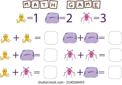 counting game with monsters. Preschool worksheet, kids activity sheet, printable worksheet
