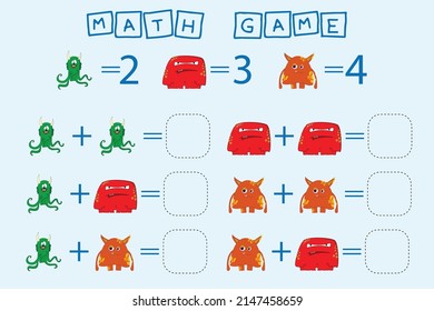 counting game with monsters. Preschool worksheet, kids activity sheet, printable worksheet
