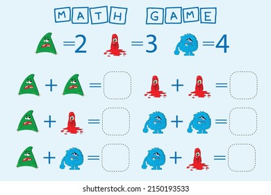 counting game with monsters. Preschool worksheet, kids activity sheet, printable worksheet
