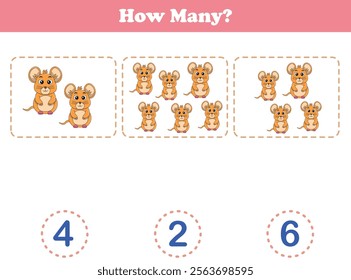 Counting game of mouses for preschool kids. Printable. Vector Illustration