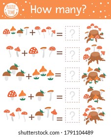 Counting game with mushrooms and tree stump. Autumn activity for preschool children. Fall season math worksheet. Educational printable with cute funny elements for kids
