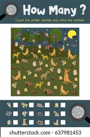 Counting game of nocturnal animals for preschool kids activity worksheet layout in A4 colorful printable version. Vector Illustration.