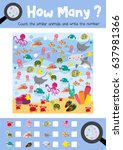 Counting game of ocean animals for preschool kids activity worksheet layout in A4 colorful printable version. Vector Illustration.