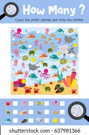 Counting game of ocean animals for preschool kids activity worksheet layout in A4 colorful printable version. Vector Illustration.