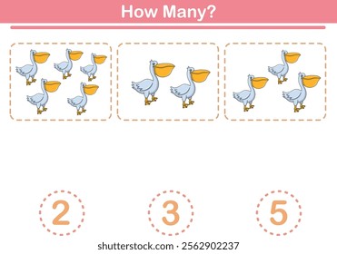 Counting game of pelicans for preschool kids. Printable. Vector Illustration