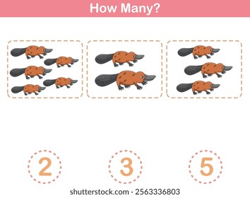 Counting game of platipus for preschool kids. Printable. Vector Illustration