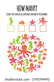 Counting game for preschool children activity worksheet layout in A4 printable version. Educational a mathematical game.