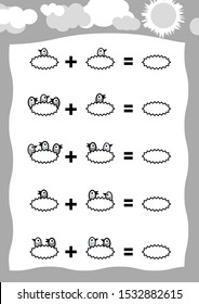 Counting Game for Preschool Children. Addition worksheets, baby birds in the nest. Educational a mathematical game. Count the numbers in the picture and write the result. 