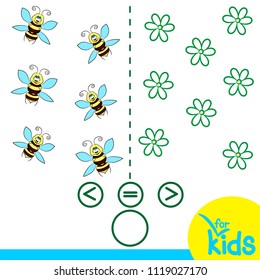 Counting game for preschool children. Bees and flowers. Vector illustration