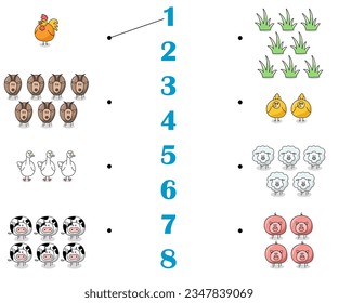 Counting game for preschool children. Cartoon vector illustration. Farm animals.