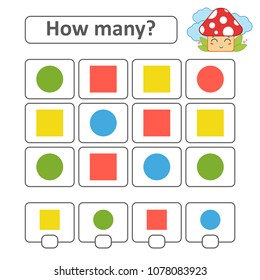 Counting game for preschool children. Count as many objects in the picture. A square, a circle. With a place for answers. Simple flat isolated vector illustration