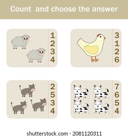Counting Game for Preschool Children.  Count how many  sheeps, chickens, dogs, cows