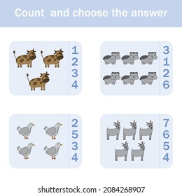 Counting Game for Preschool Children.  Count how many  cows, hamsters, duckcs, goats