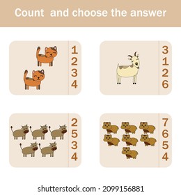 Counting Game for Preschool Children.  Count how many cats, goats, cows, hamsters
