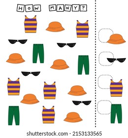 Counting Game for Preschool Children.  Count how many clothes: t-shirt, singlasses, panama, pants