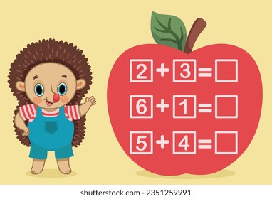 Counting game for preschool children with cute hedgehog character math symbols and numbers illustration.