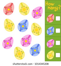Counting game for preschool children for the development of mathematical abilities. How many Easter eggs. With a place for answers. Simple flat isolated vector illustration.